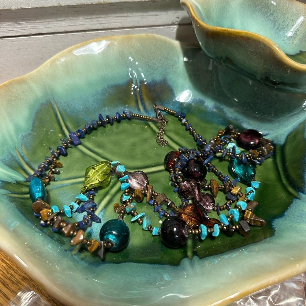 Handcrafted Triple Strand Genuine Gemstone & Lampwork Bead Multi Color Necklace - Picture 2 of 5